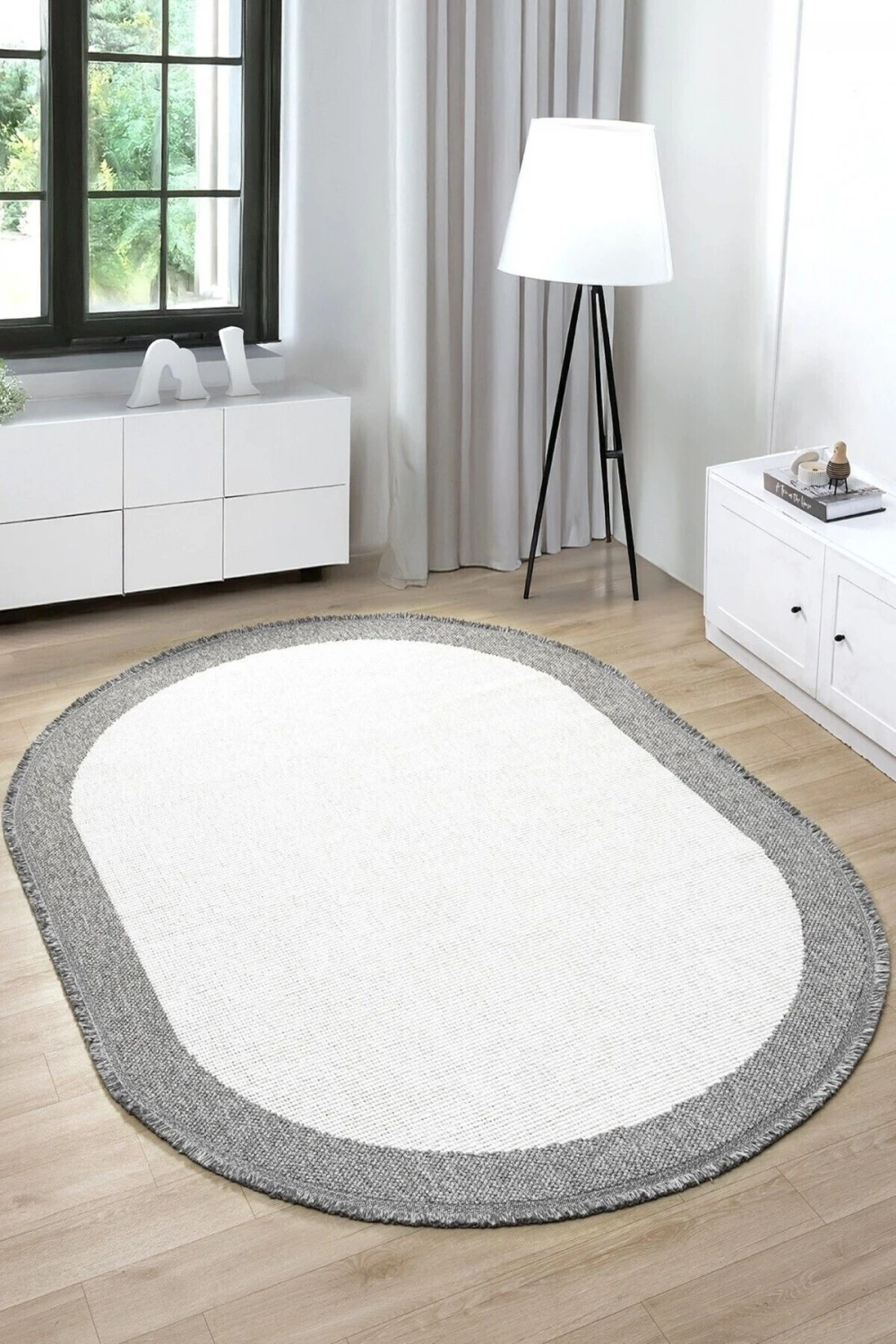 Oval Gri Halı Bordür Modern Oturma Odası Salon Mutfak Koridor Antre Balkon Çocuk Odası Halısı 0020