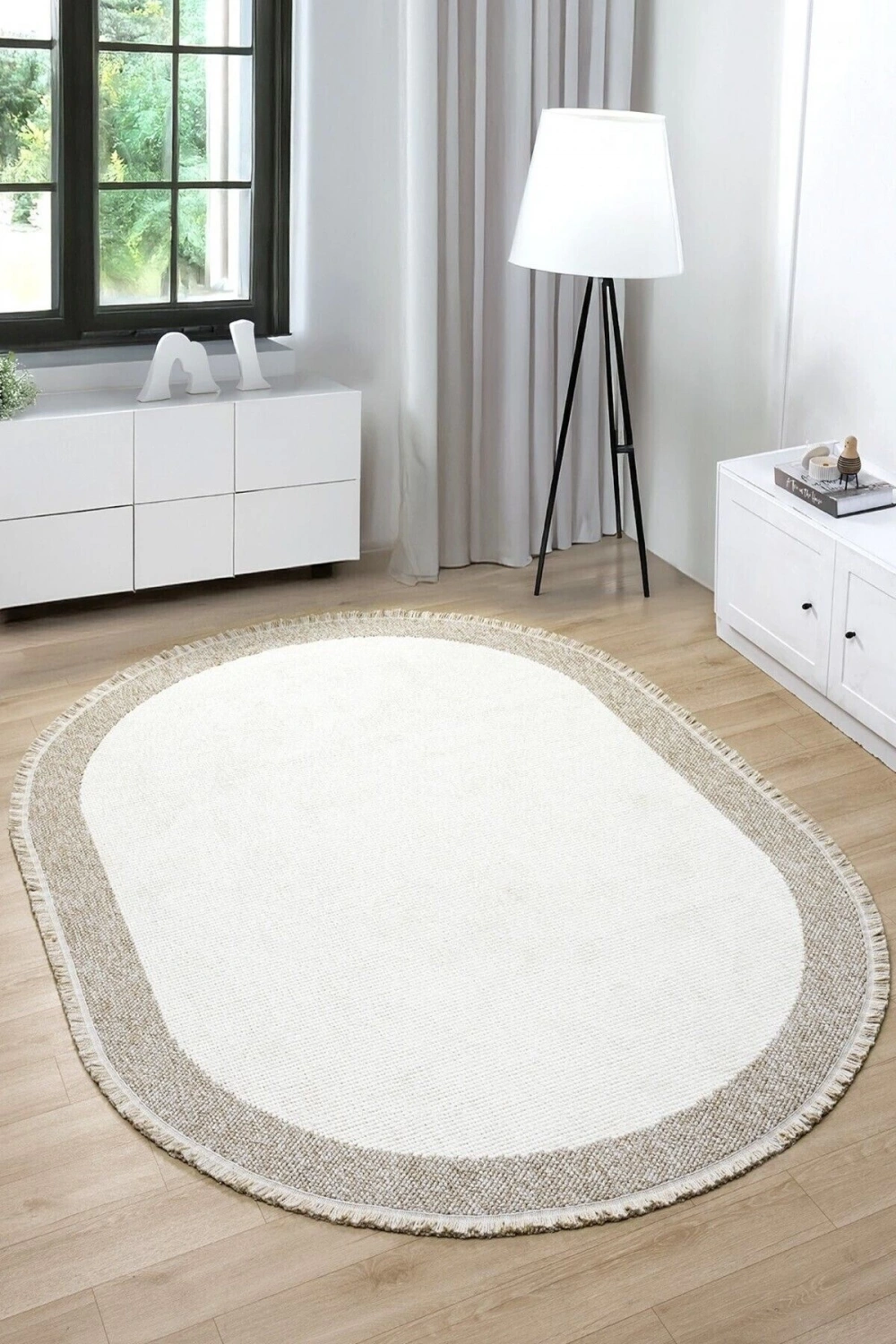 Oval Beyaz Halı Bordür Modern Oturma Odası Salon Mutfak Koridor Antre Balkon Çocuk Odası Halısı 0021