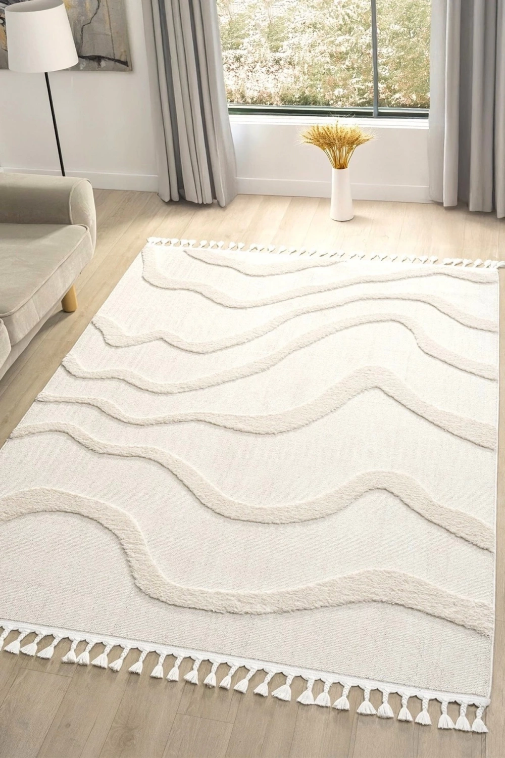 Krem Modern Dokuma Halı Püsküllü Yolluk Antre Oturma Odası Salon Mutfak Çocuk Odası Halısı