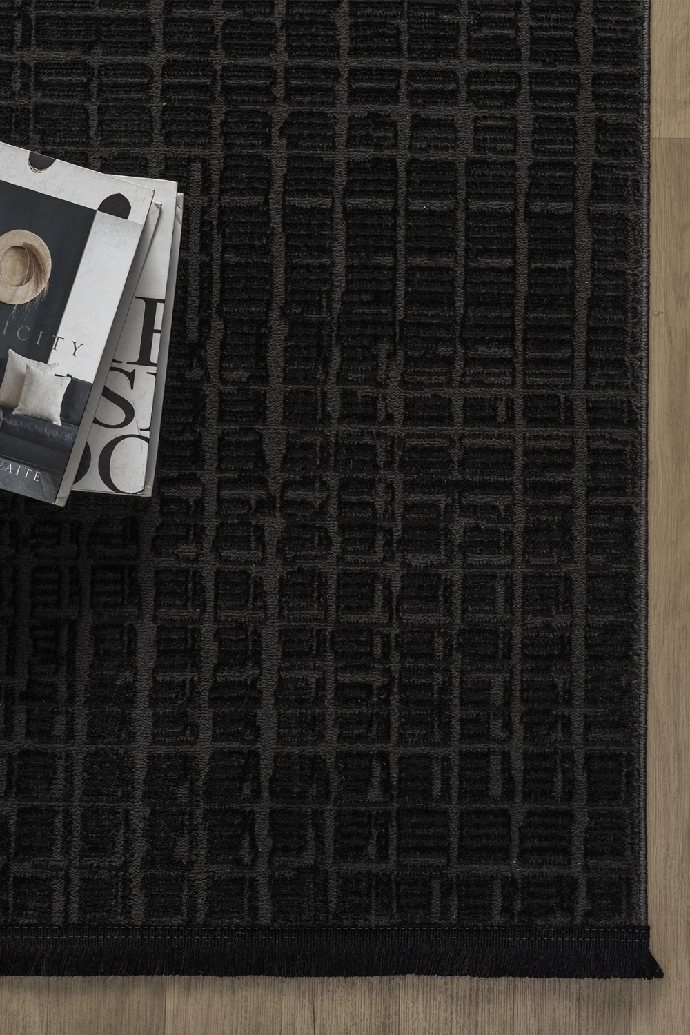 Modern Siyah Saçaklı Dokuma Halı Yolluk Antre Oturma Odası Salon Mutfak Halısı