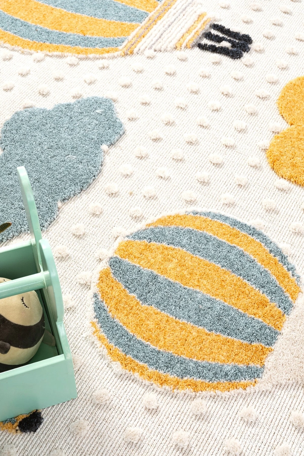 Yumuşak Bukleli Bebek Odası Çocuk Odası Genç Odası Dokuma Halı Mavi Balonlu Bulutlu Halı 22