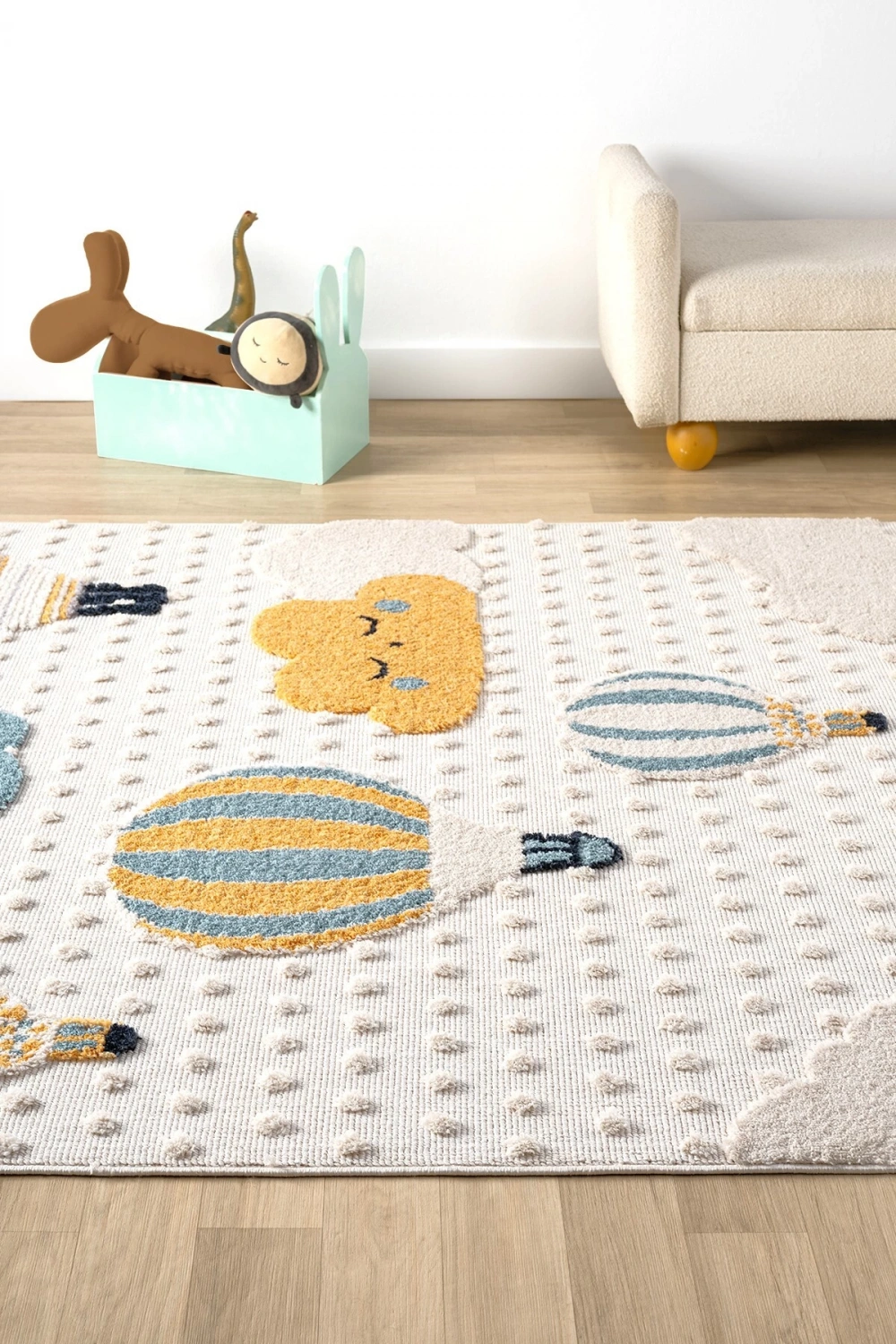 Yumuşak Bukleli Bebek Odası Çocuk Odası Genç Odası Dokuma Halı Mavi Balonlu Bulutlu Halı 22