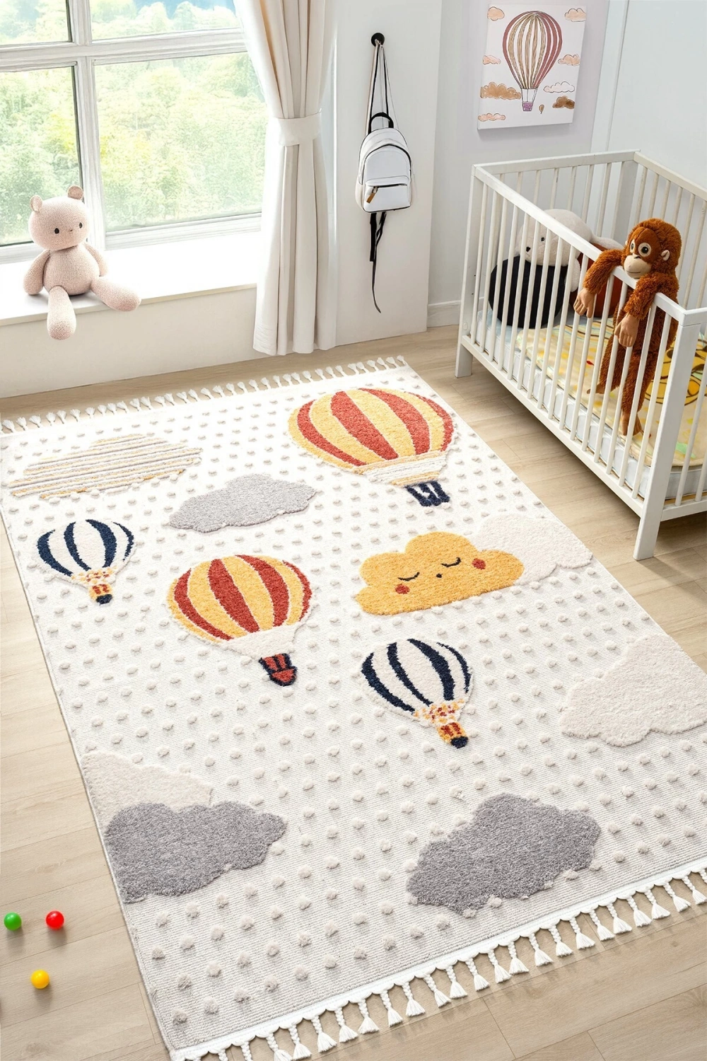 Yumuşak Bukleli Bebek Odası Çocuk Odası Genç Odası Dokuma Halı Turuncu Balonlu Bulutlu Halı 23