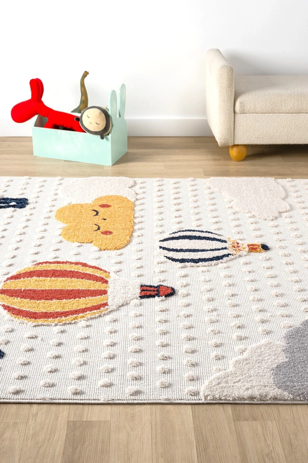 Yumuşak Bukleli Bebek Odası Çocuk Odası Genç Odası Dokuma Halı Turuncu Balonlu Bulutlu Halı 23