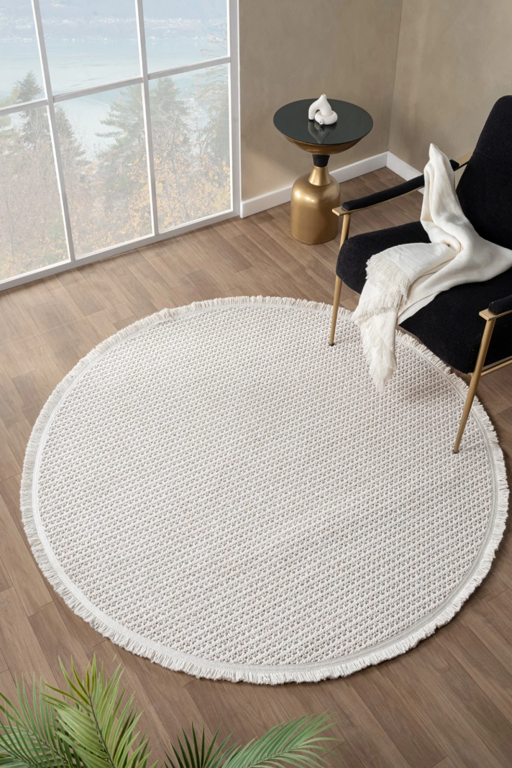 Beyaz Bej Yumuşak Dokulu Yuvarlak Halı Kilim Mutfak Koridor Yolluk Dokuma Makine Halısı 006 DAİRE