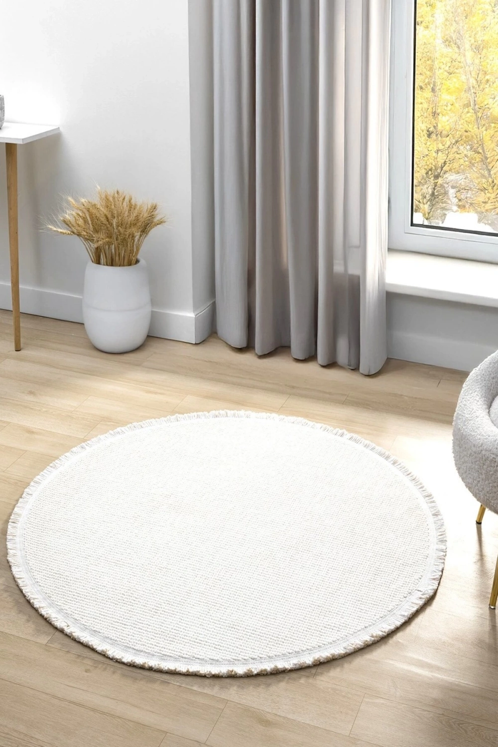 Beyaz Daire Yuvarlak Modern Dokuma Halı Bukleli BEYAZ DAİRE