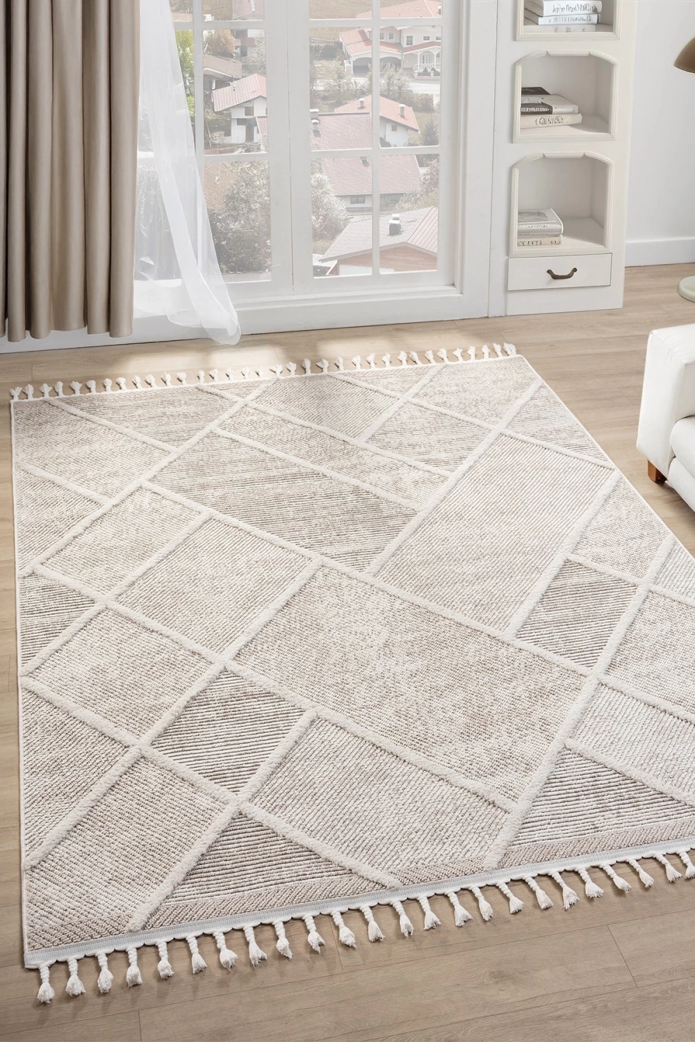 Krem Dokuma Halı Bukleli Yolluk Antre Oturma Odası Salon Mutfak Halısı