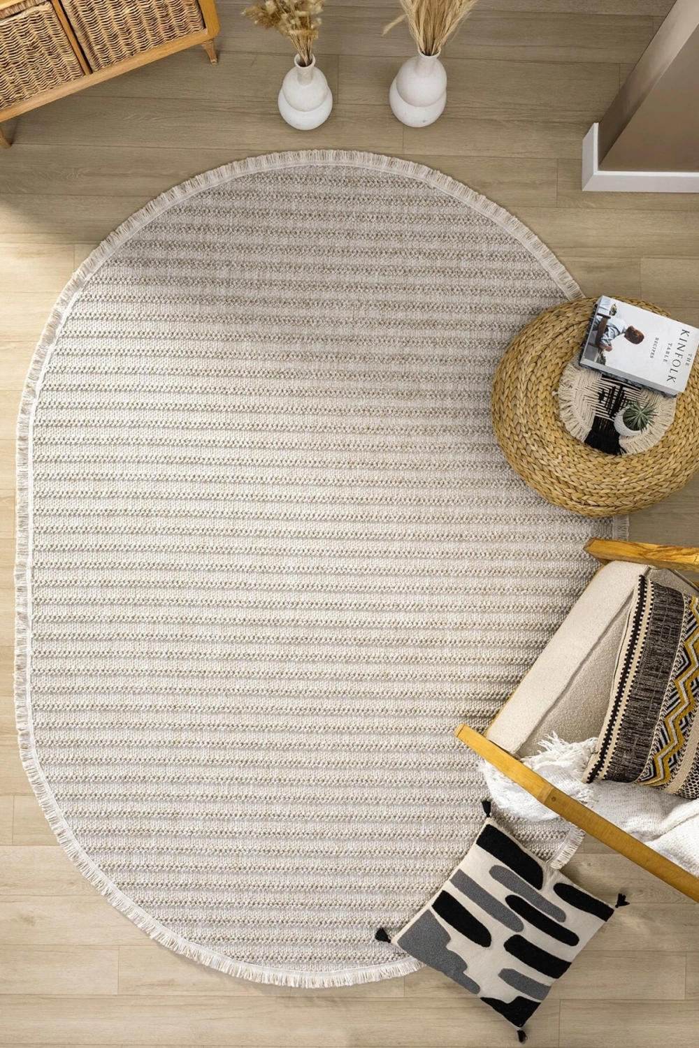 Oval Bej Halı Modern Oturma Odası Salon Mutfak Koridor Antre Balkon Çocuk Odası Halısı 0019