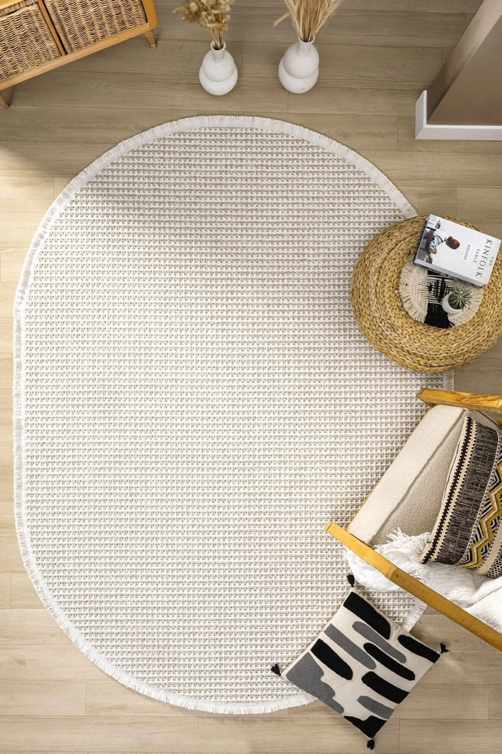 Oval Beyaz Bej Halı Modern Oturma Odası Salon Mutfak Koridor Antre Balkon Çocuk Odası Halısı 006