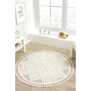 Krem Bej Yuvarlak Saçaklı Dokuma Halı Yolluk Antre Oturma Odası Salon Mutfak Halısı YUVARLAK