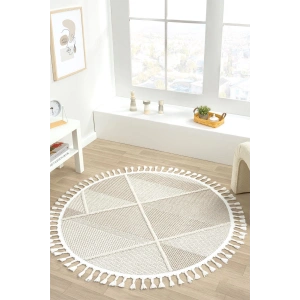 Bej Krem Dokuma Yuvarlak Halı Yolluk Antre Oturma Odası Salon Mutfak Çocuk Odası Halısı YUVARLAK