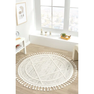 Krem Gri Yuvarlak Halı Püsküllü Dokuma Halı Yolluk Antre Oturma Odası Salon Mutfak Halısı YUVARLAK