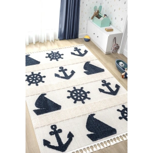 Yumuşak Renkli Bukleli Denizcilik Figürlü Dokuma Halı Bebek Odası Çocuk Odası Genç Odası Halısı 4
