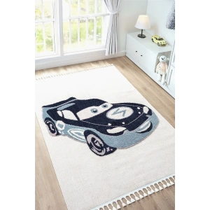 Yumuşak Bukleli Krem Mavi Araba Figürlü Dokuma Halı Bebek Odası Çocuk Odası Genç Odası Halısı 14
