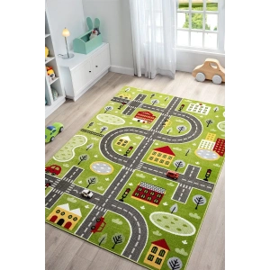 Trafik Arabalı Dokuma Halı Yıkanabilir Çocuk Halısı Anaokul Kreş Oyun Halısı YEŞİL