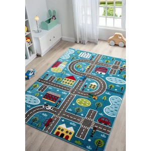 Trafik Arabalı Dokuma Halı Yıkanabilir Çocuk Halısı Anaokul Kreş Oyun Halısı MAVİ