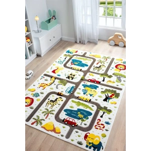 Hayvan Trafik Araba Yolu Figürlü Dokuma Halı Yıkanabilir Çocuk Halısı Anaokul Kreş Oyun Halısı BEYAZ