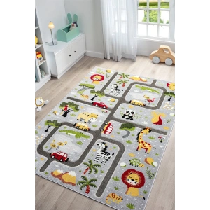 Hayvan Trafik Araba Yolu Figürlü Dokuma Halı Yıkanabilir Çocuk Halısı Anaokul Kreş Oyun Halısı GRİ