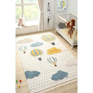 Yumuşak Bukleli Bebek Odası Çocuk Odası Genç Odası Dokuma Halı Mavi Balonlu Bulutlu Halı 22