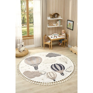 Daire Yuvarlak Krem Yumuşak Bukleli Balonlu Bulutlu Dokuma Halı Bebek Çocuk Odası Halısı 16 DAİRE