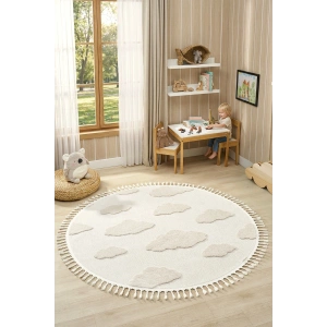 Daire Yuvarlak Bulut Desenli Krem Renk Dokuma Halı Bebek Odası Çocuk Odası Halısı 1 DAİRE