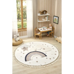 Daire Yuvarlak Yumuşak Bukleli Gökkuşağı Figürlü Dokuma Halı Bebek Odası Çocuk Odası Halısı 20 DAİRE