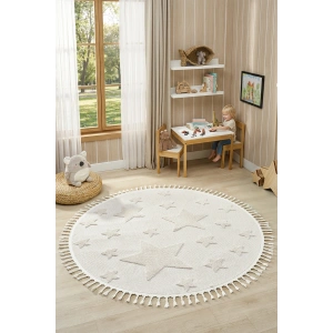 Daire Yuvarlak Krem Renk Yıldız Yumuşak Bukleli Dokuma Halı Bebek Odası Çocuk Odası Halısı 12 DAİRE