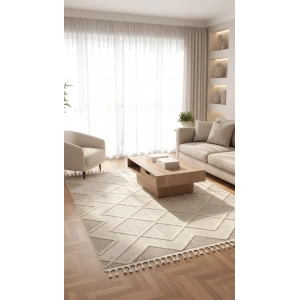 Krem Bej Modern Dokuma Halı Bukleli Yolluk Antre Oturma Odası Salon Mutfak Halısı