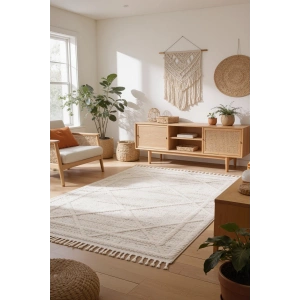 Krem Modern Desen Dokuma Halı Oturma Odası Salon Mutfak Antre Yolluk Halısı