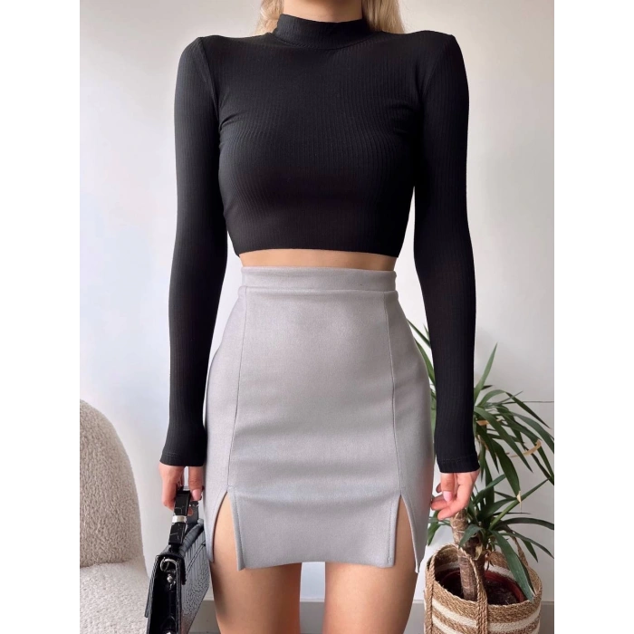 Çift yurtmaçlı süet etek gri s241002