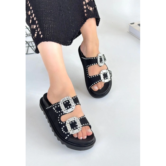 Juana Siyah Nubuk  Taşlı Terlik