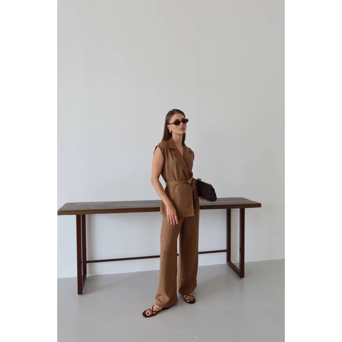 Keten yelek pantolon takım kahve pt