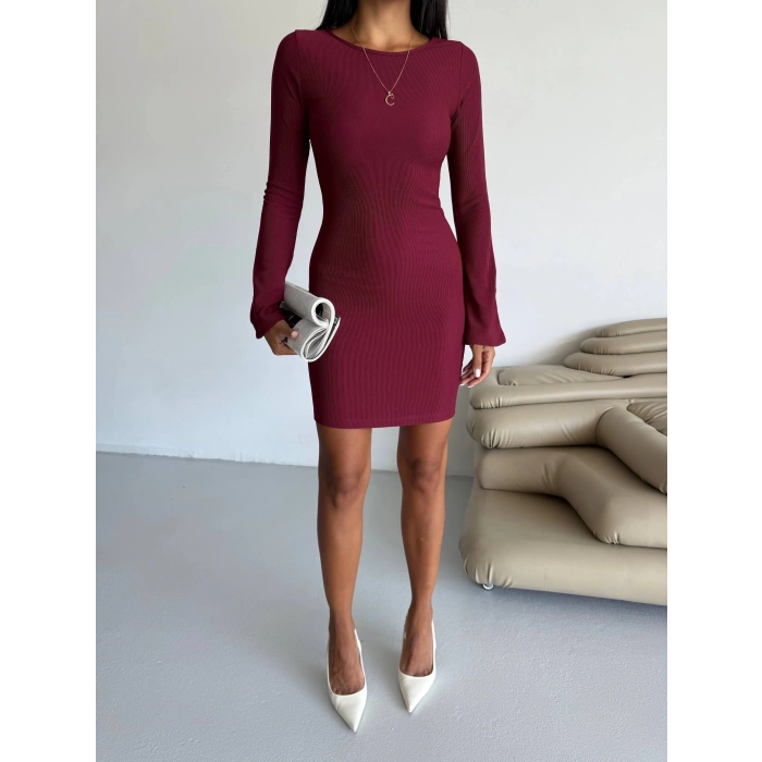 Prenses kol esnek kumaş elbise bordo f2334