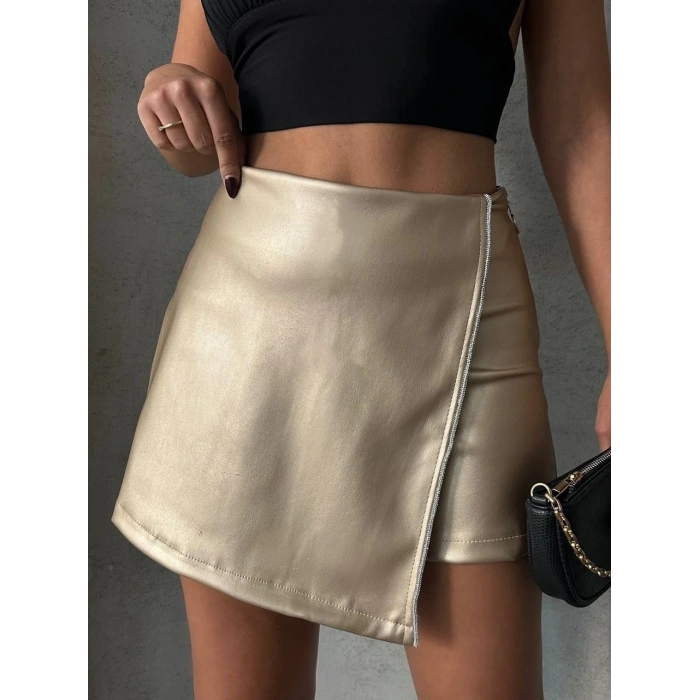 Taşlı şort etek deri gold h240018