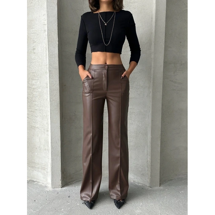 Zr deri palazzo pantolon kahve h24654