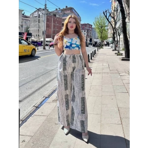 Baskılı Bağcıklı keten pantolon krem