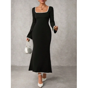 Biyeli uzun elbise siyah