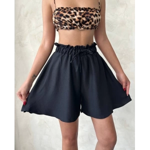 Volanlı keten şort siyah s255058