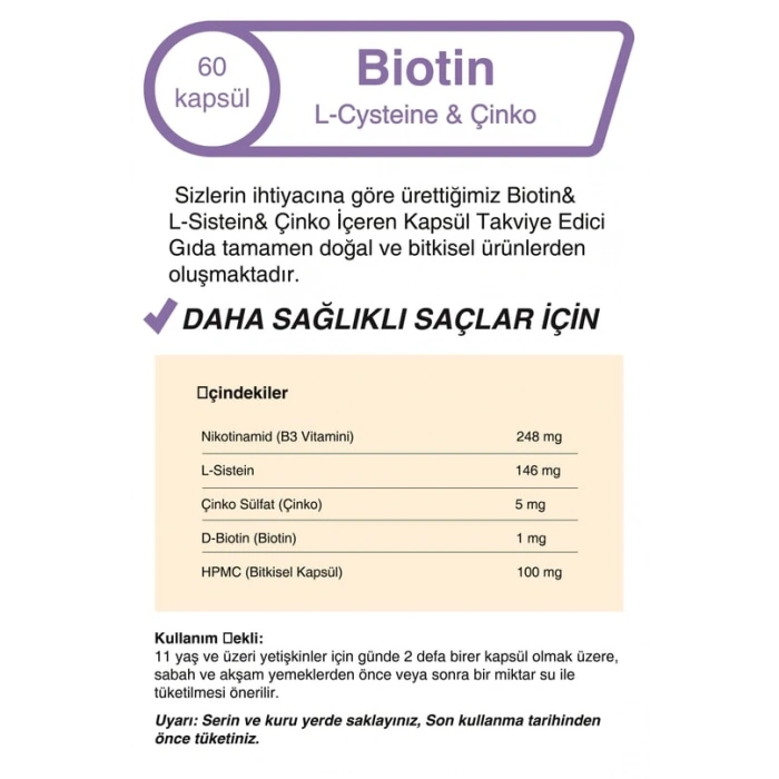 Mindivan Biotin, L-Sistein & Çinko 500 mg 60 Kapsül – Saç, Cilt ve Tırnak Destek Formülü