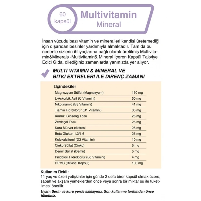 Mindivan Multivitamin & Mineral Kompleks - Bağışıklık Desteği ve Enerji (60 Kapsül)