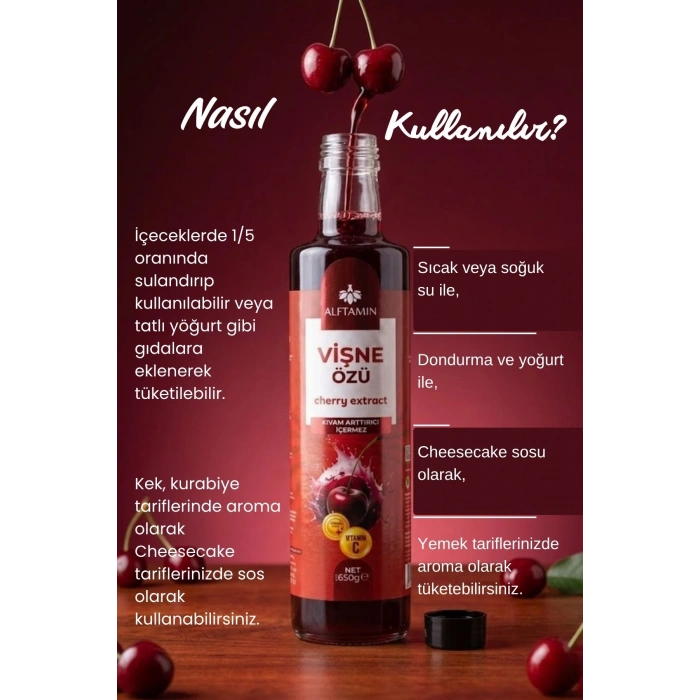 Alftamin Doğal Vişne Özü 650 gr - Soğuk Sıkım, İlave Şekersiz ve Vitamin C Takviyeli