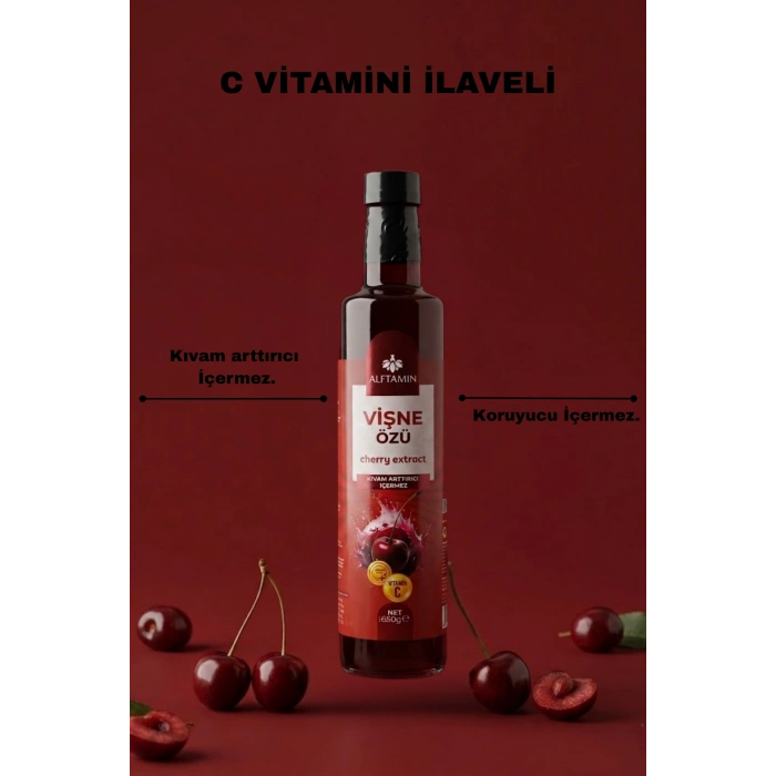 Alftamin Doğal Vişne Özü 650 gr - Soğuk Sıkım, İlave Şekersiz ve Vitamin C Takviyeli