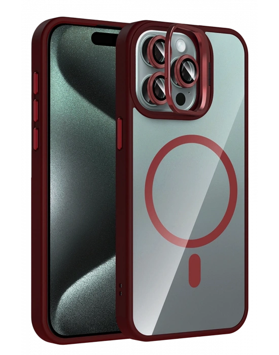 Joko Apple iPhone 14 Pro Max Remim Lensli Magsafe Standlı Kapak - Bordo