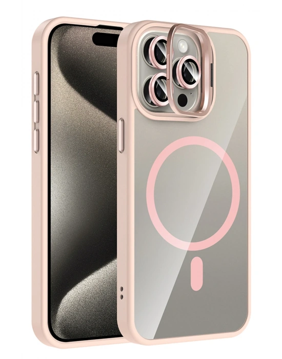 Joko Apple iPhone 14 Pro Max Remim Lensli Magsafe Standlı Kapak - Pembe