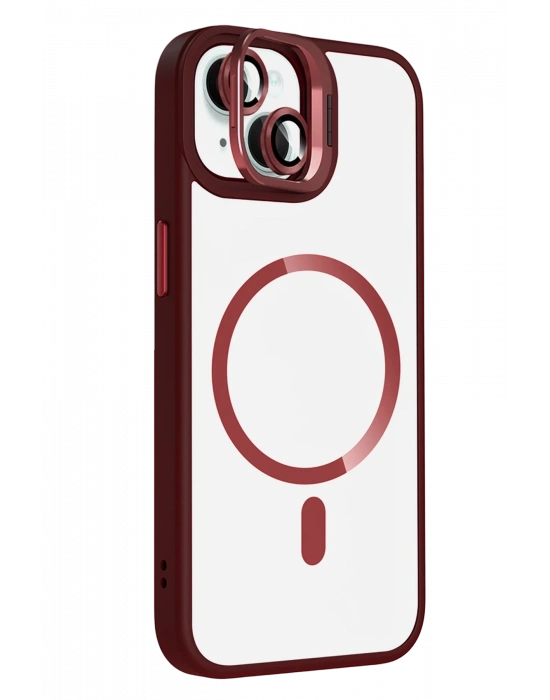 Joko Apple iPhone 15 Plus Remim Lensli Magsafe Standlı Kapak - Bordo