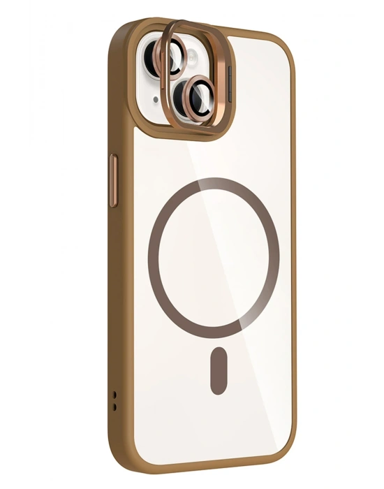 Joko Apple iPhone 15 Plus Remim Lensli Magsafe Standlı Kapak - Kahverengi