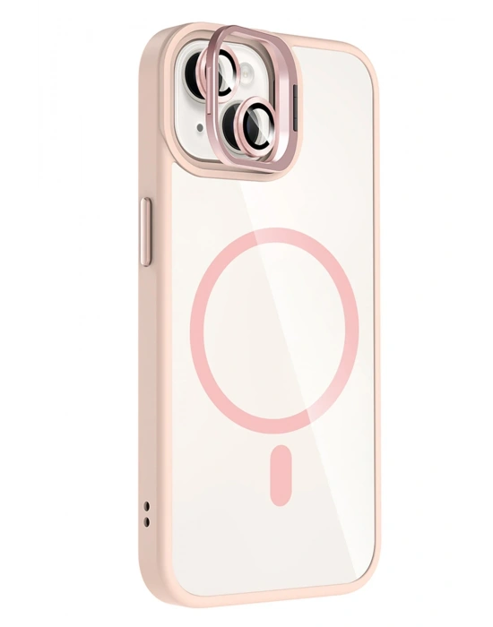 Joko Apple iPhone 15 Plus Remim Lensli Magsafe Standlı Kapak - Pembe