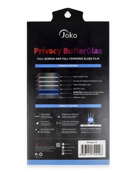Joko iPhone 15 Pro Buffer Hayalet Cam Ekran Koruyucu - Siyah