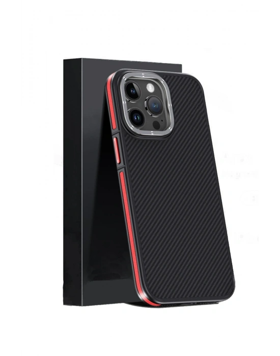 Joko iPhone 15 Pro Max Kılıf Aramid 600D Kevlar Karbon Fiber Magsafe Kapak - Kırmızı