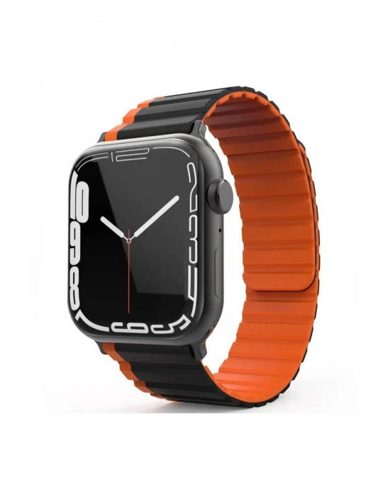 Movenchy Apple Watch 42mm MO-WB1 Çift Renk Mıknatıslı Silikon Kordon - Siyah-Turuncu